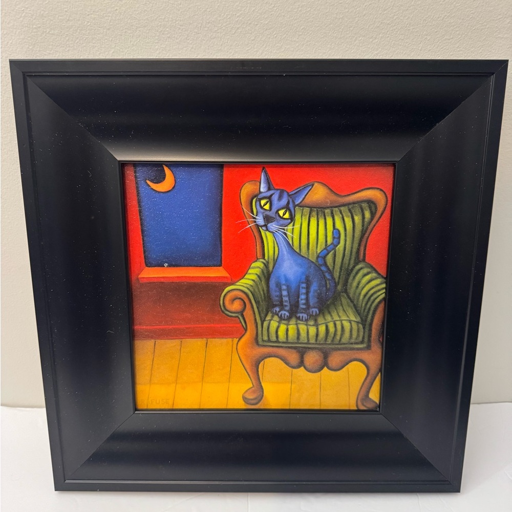 OSWALD Courious Cat art work by Will Refuse 14x14 Black frame